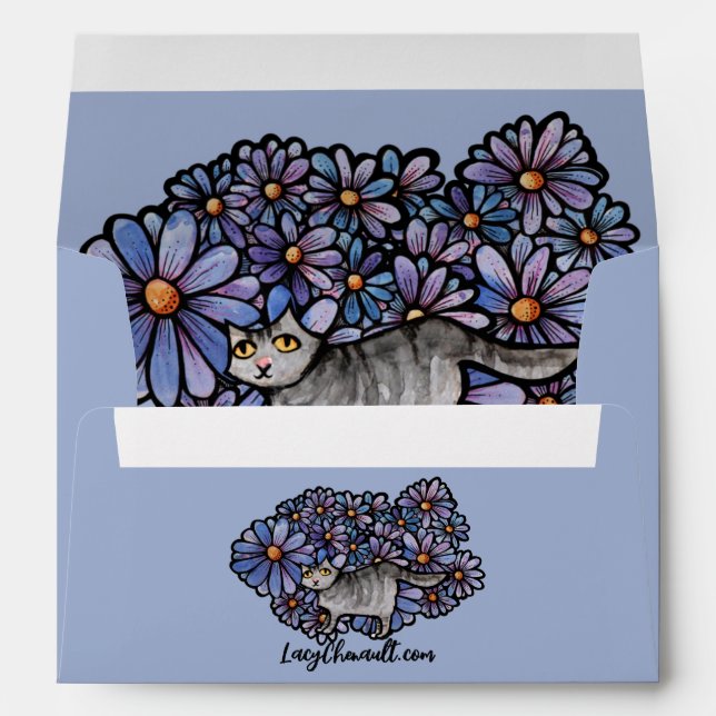 Kitty Cat Purple Daisies Grey Cat Art Grey Cats    Envelope (Back (Bottom))