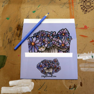 Kitty Cat Purple Daisies Grey Cat Art Grey Cats    Envelope