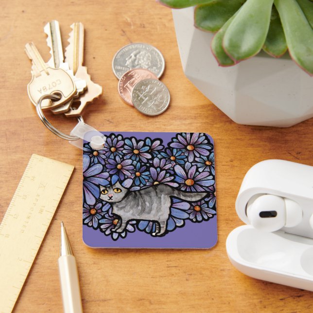 Kitty Cat Purple Daisies Grey Cat Art Grey Cats   Key Ring (Desk)