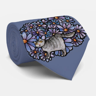 Kitty Cat Purple Daisies Grey Cat Art Grey Cats    Tie