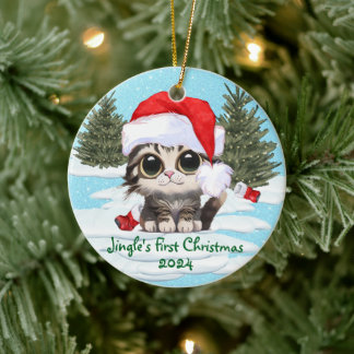 Kitty Cat Santa Hat, CUSTOMIZABLE! Adorable Cat Ceramic Ornament