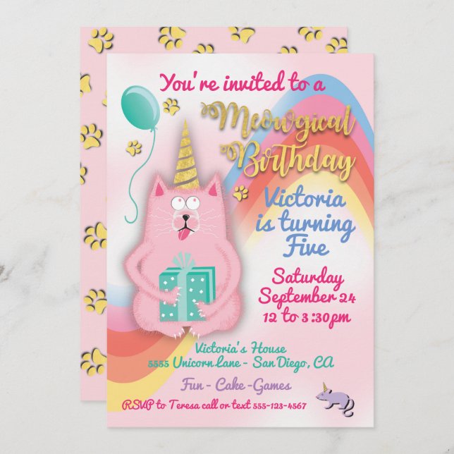 Kitty cat unicorn birthday party invitation (Front/Back)