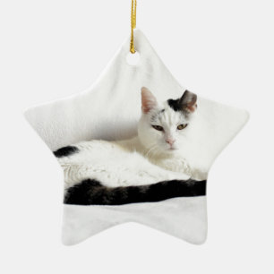 Kitty Cat, White and Black Cat Relaxing Ceramic Tree Decoration