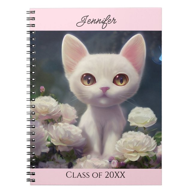 Kitty Cat White Roses Personalise Name Gift Notebook (Front)
