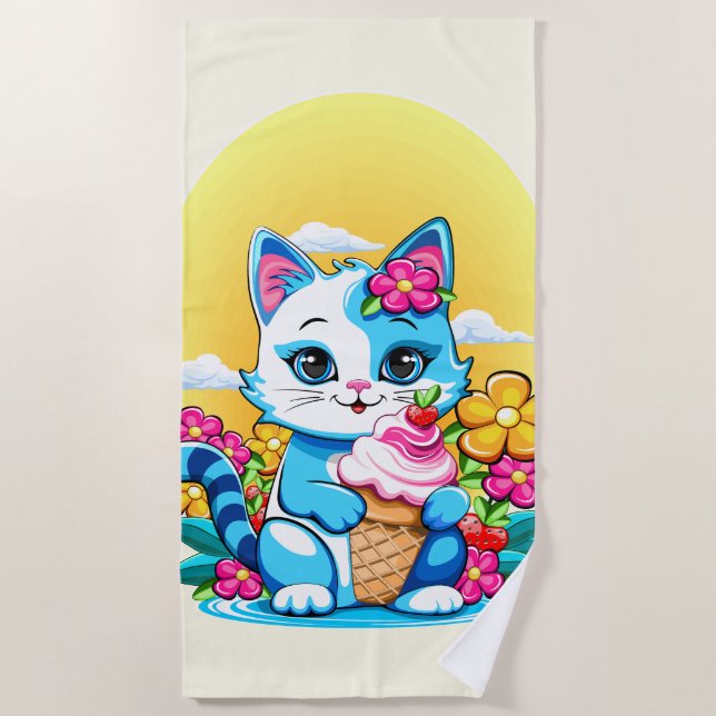 Kitty Cat with ice cream Summer Kawaii Character  Beach Towel (Front)