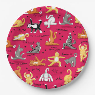 Kitty Cat Yoga Poses Colourful Red Yellow Whimsy Paper Plate