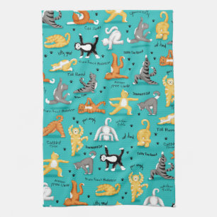 Kitty Cat Yoga Poses Colourful Turquoise Blue Fun Tea Towel