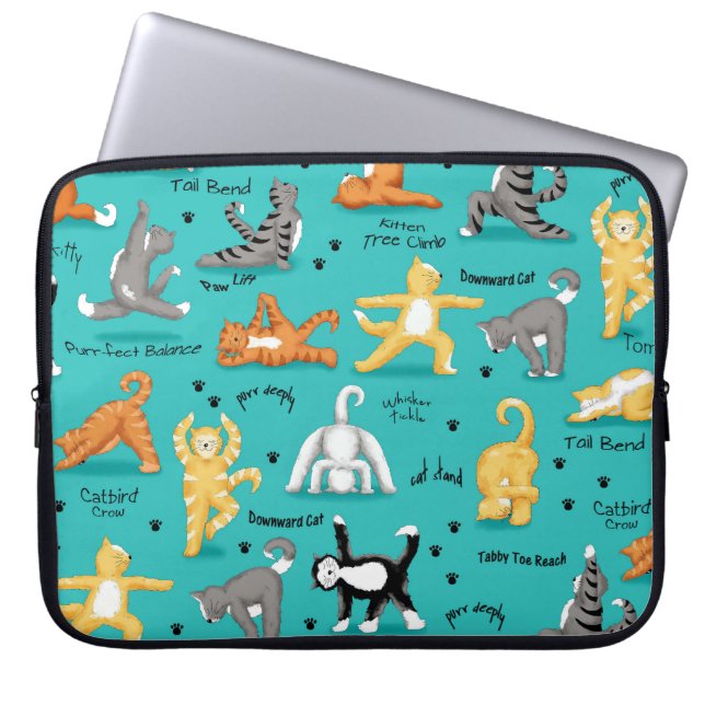 Kitty Cat Yoga Poses Colourful Turquoise Blue Laptop Sleeve (Front)