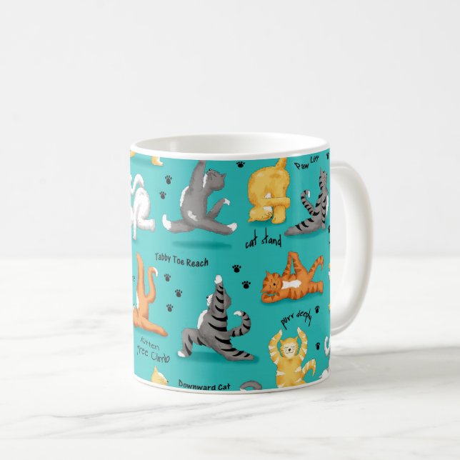 Kitty Cat Yoga Poses Turquoise Blue Coffee Mug (Front Right)