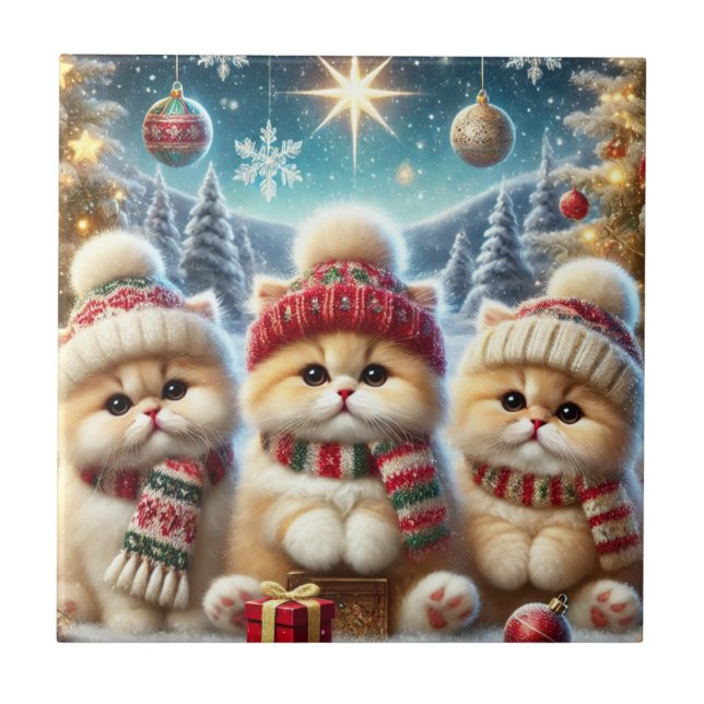 Kitty Cats in Christmas Decor and Snow  Ceramic Tile (Front)