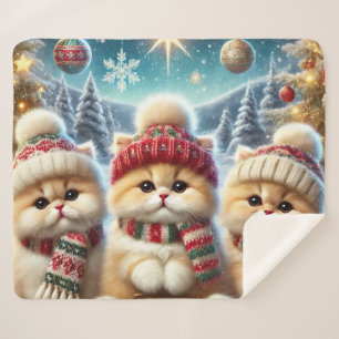 Kitty cats in festive Christmas decor and Snow Sherpa Blanket