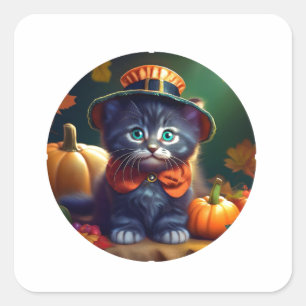Kitty Celebrating Thanksgiving Square Sticker