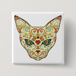 Kitty Face Sugar Skull   Day of the Dead Cat 15 Cm Square Badge