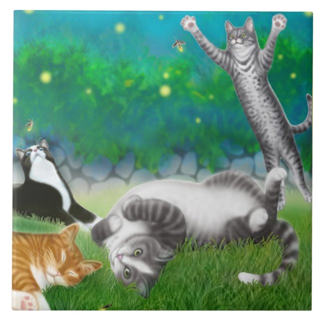 Kitty Fun with Fireflies Tile (Front)