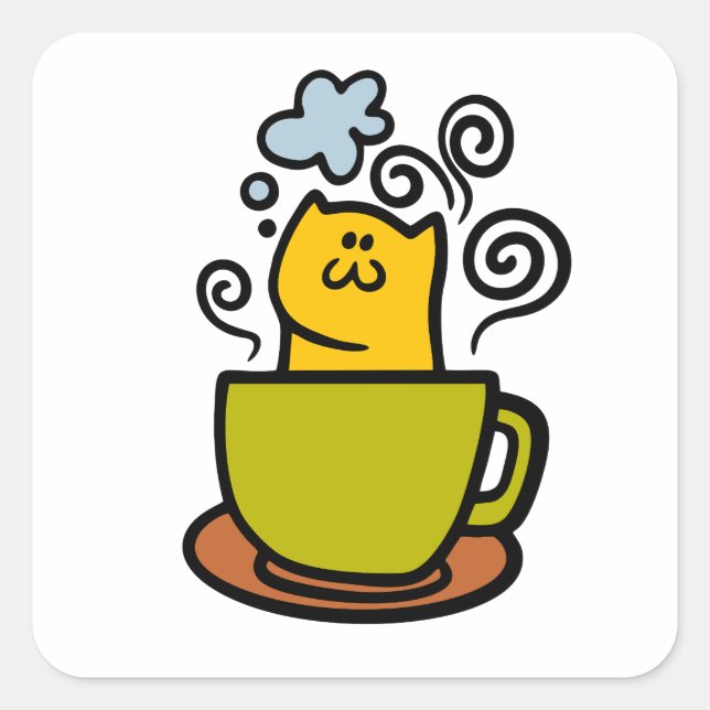 Kitty in a coffee cup square sticker (Front)