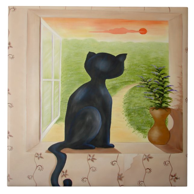 Kitty in a Window Ceramic Tile (Front)