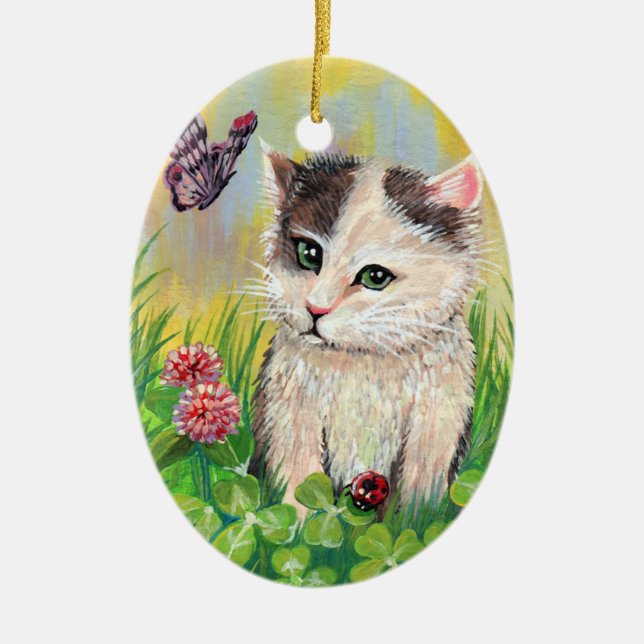 Kitty in CLover Patch Ceramic Ornament (Front)