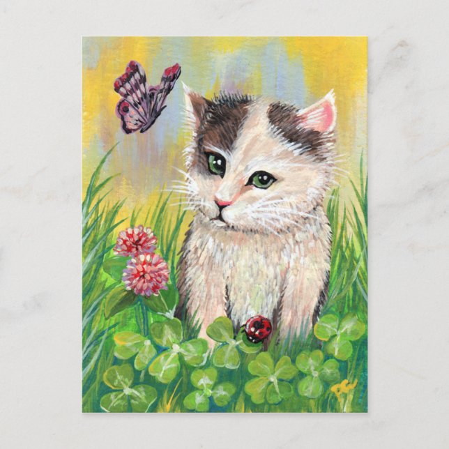 Kitty in Clover Patch Postcard (Front)