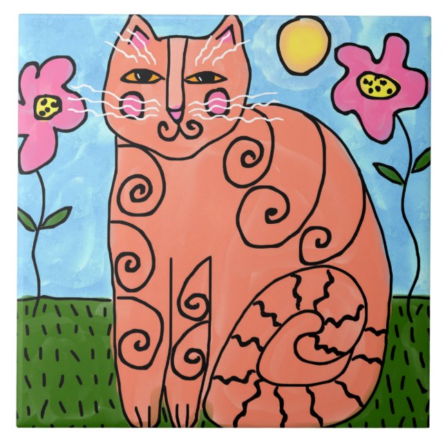 Kitty in the Garden Abstract Painting Ceramic Tile (Front)