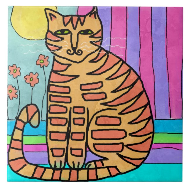 Kitty in the Sunshine Abstract Painting Ceramic Tile (Front)