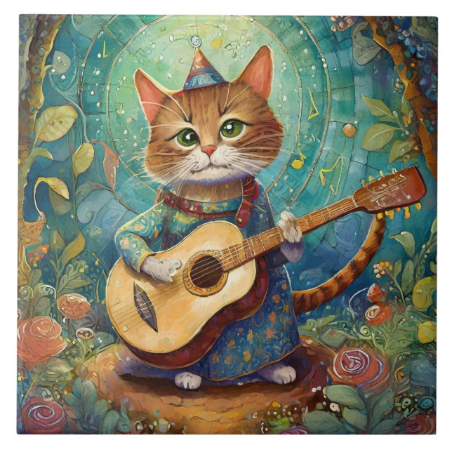 Kitty Kat Playing Guitar Ceramic Tile (Front)