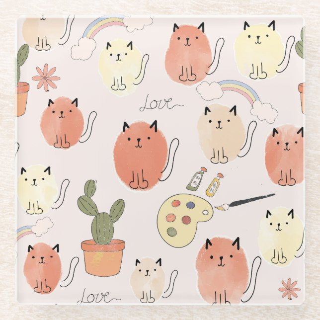 Kitty Kitten Cats: Cute Animal Pattern Glass Coaster (Front)