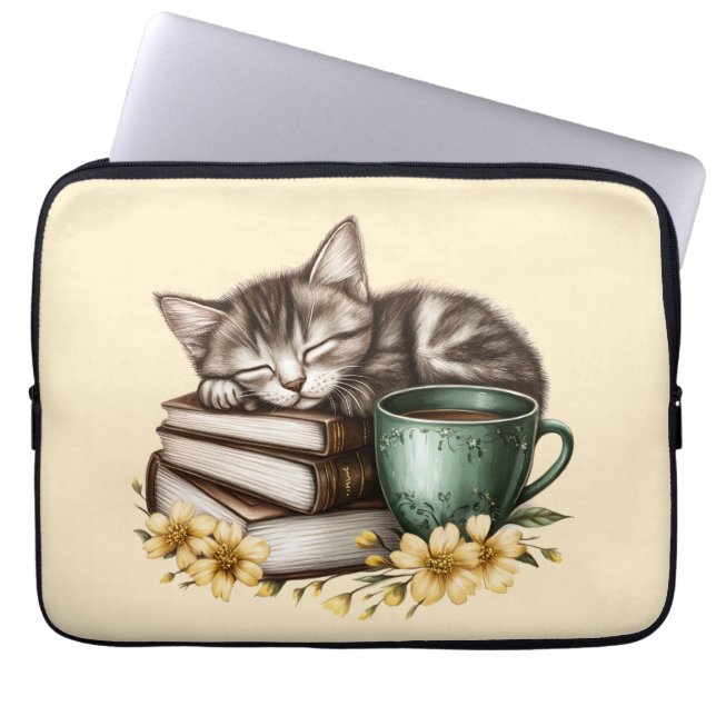 Kitty on a bookstack laptop sleeve (Front)