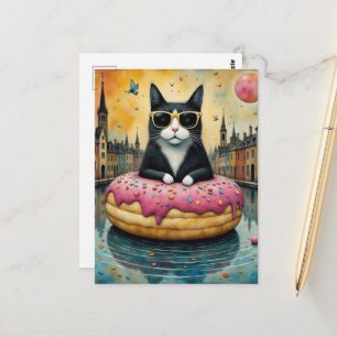 Kitty on Vacation in a Floating Doughnut Postcard