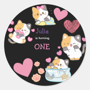 kitty one baby girl birthday  black classic round sticker