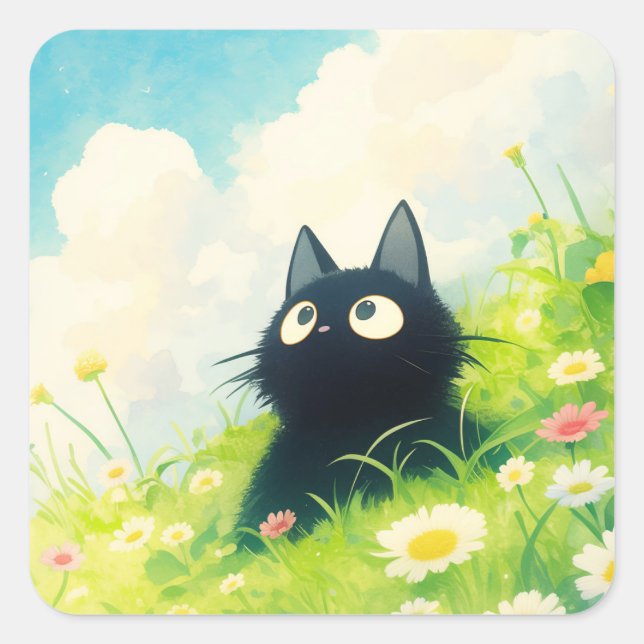 Kitty Peaceful Meadow Square Sticker (Front)