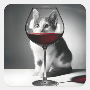 Kitty Peeking Through a Wine Glass Square Sticker