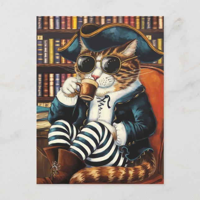 Kitty Pirate With a Coffee in a Bookshop Postcard (Front)