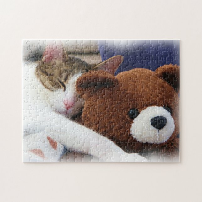 Kitty Sleeping with Teddy Bear Jigsaw Puzzle (Horizontal)
