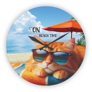 Kitty Snoozing on the Beach Summer Round Clock