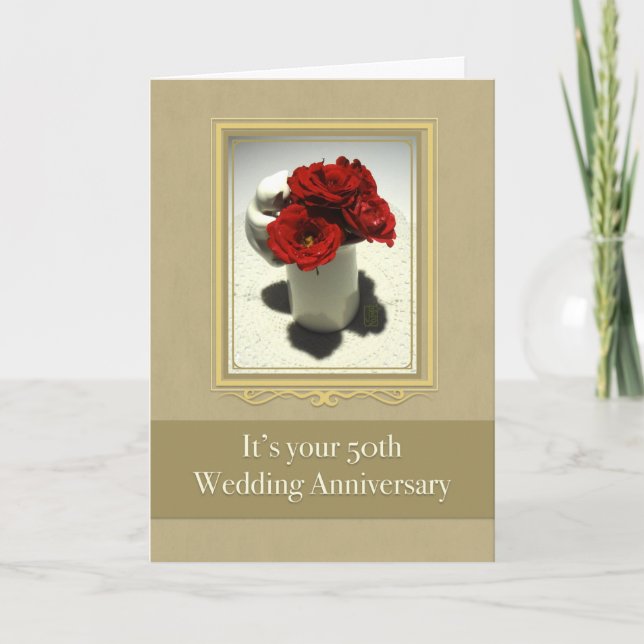 Kitty & Tea Roses 50th Wedding Anniversary Card (Front)