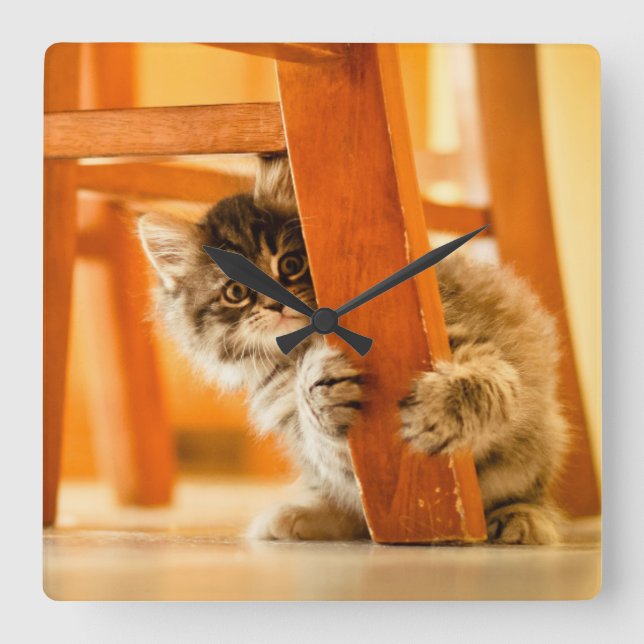 Kitty Under Chair Square Wall Clock (Front)