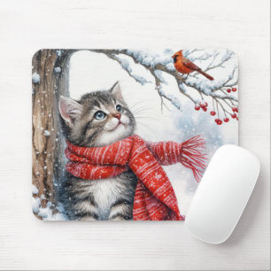 Kitty Watching a Cardinal In Snowflakes Mouse Pad