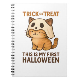 kitty wearing a mask ready for his first Halloween Notebook