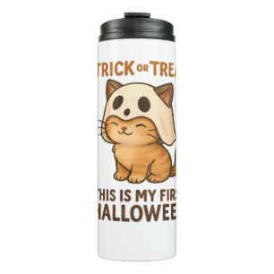 kitty wearing a mask ready for his first Halloween Thermal Tumbler