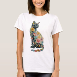 Kitty wildflowers watercolor painting cat mum mum T-Shirt