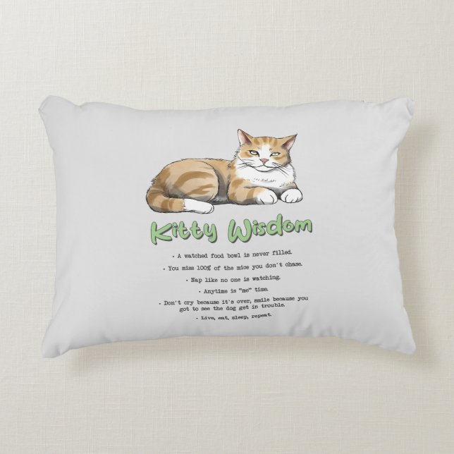 Kitty Wisdom – Funny Cat Rules with a Brown Cat Decorative Cushion (Front)