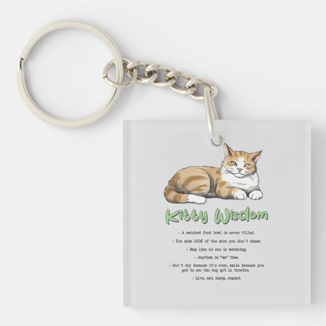 Kitty Wisdom – Funny Cat Rules with a Brown Cat Key Ring (Front)