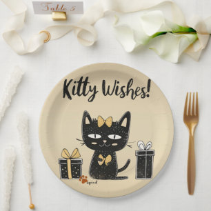 Kitty Wishes-Cute Black Cat With Present-Birthday Paper Plate