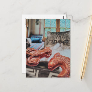Kitty With Lobster and Fish Collage Postcard