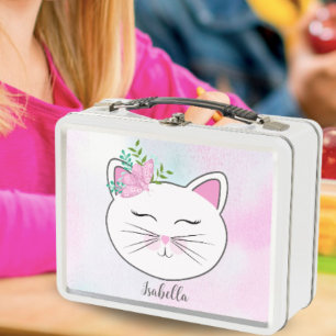 Kitty With Pink Butterfly Personalised Metal Lunch Box