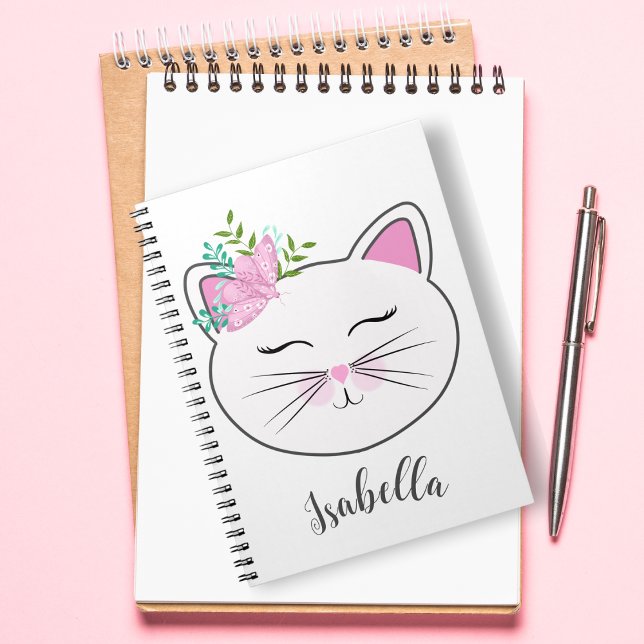 Kitty With Pink Butterfly Personalised Notebook (Kitty charm meets boho butterfly vibes in this whimsical notebook.)
