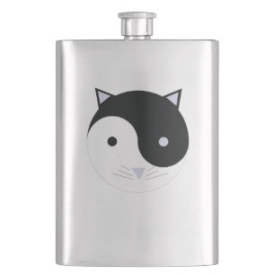 Kitty Yin Yang Meditation Design Black, White, Hip Flask