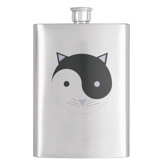Kitty Yin Yang Meditation Design Black, White, Hip Flask (Front)