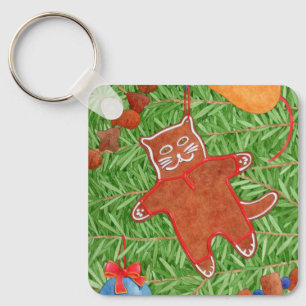 Kitty's Christmas Tree Square Aluminium Keychain