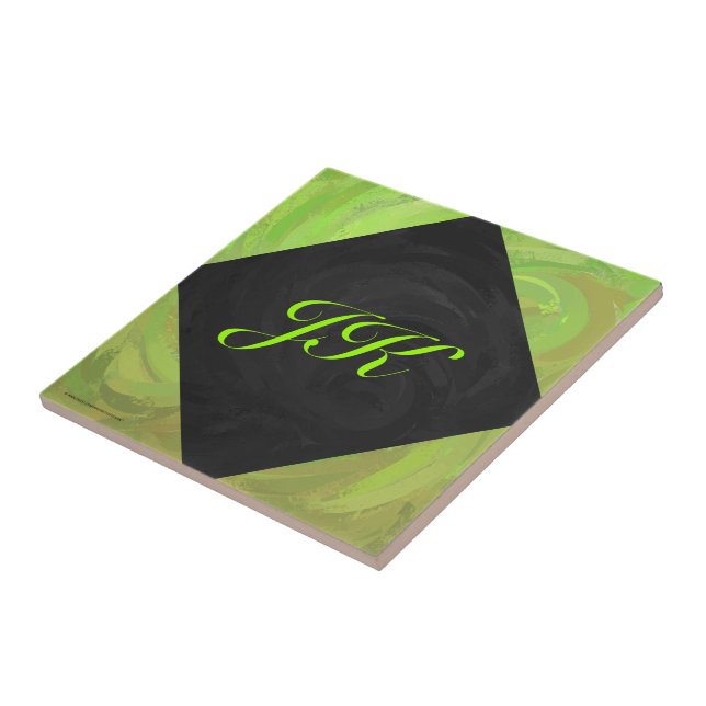 Kiwi Bash Green and Black Monogram Ceramic Tile (Side)